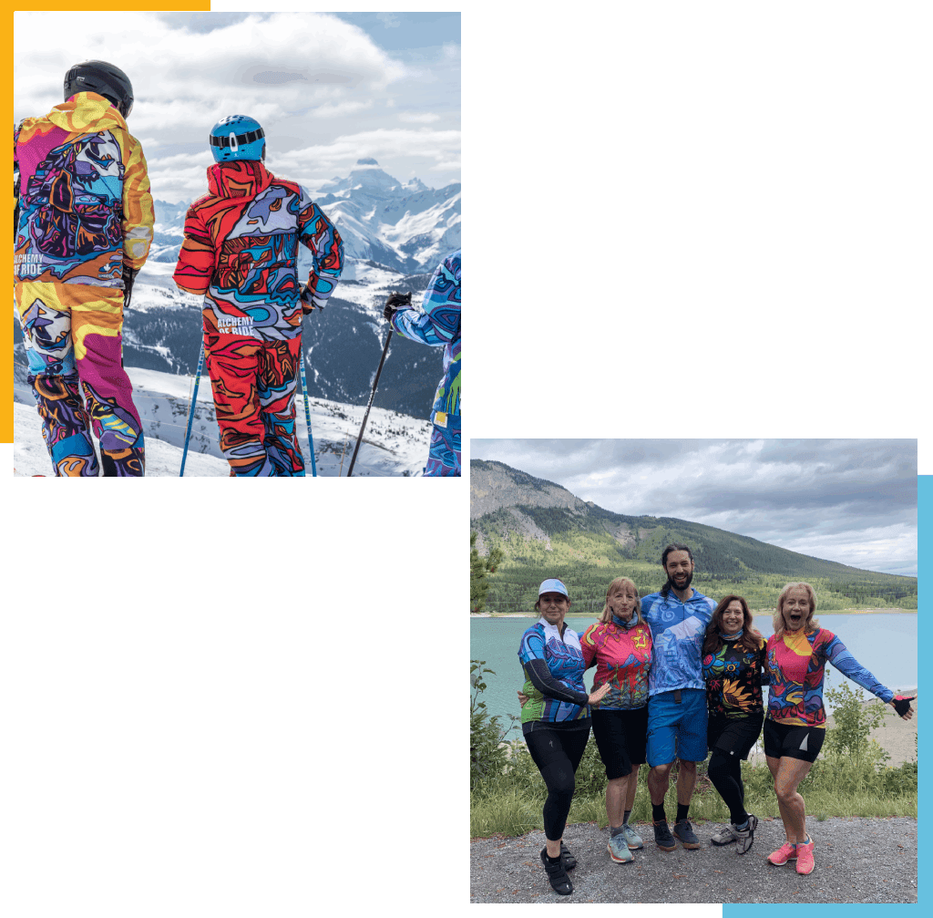 Two photos: one of skiers in colorful gear, another of friends hiking in a green mountainous area.